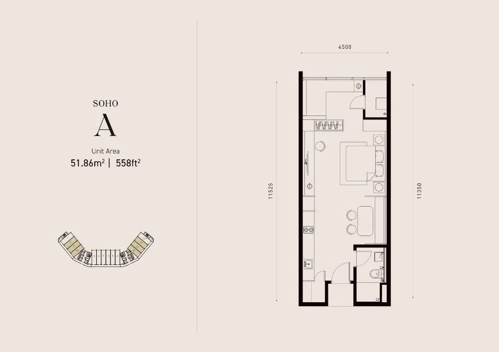 Armani Hallson KLCC SOHO A, build up 558 sqft
